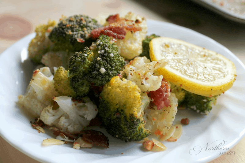 Roasted Broccoli and Cauliflower with Parmesan and Bacon
