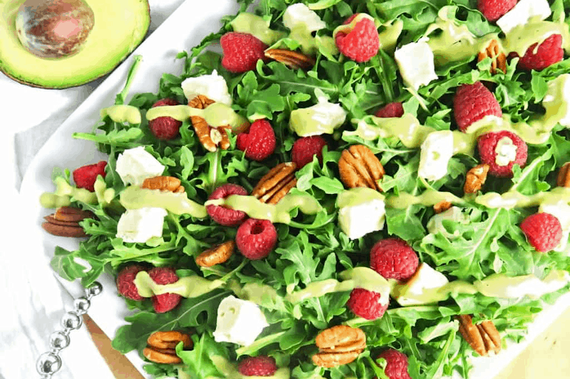 Raspberry Salad with Brie & Creamy Avocado Dressing