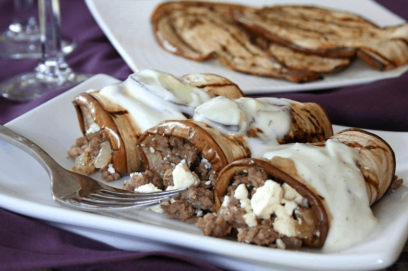 Grilled Eggplant Lamb Rolls with Tzatziki