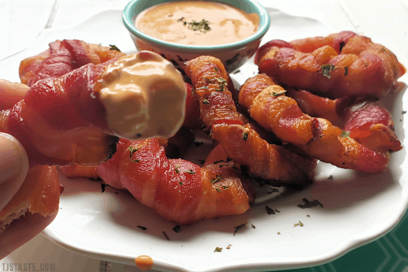 Bacon Onion Rings with Adobo Aioli Sauce - THM - Keto - Sugar Free - Gluten Free