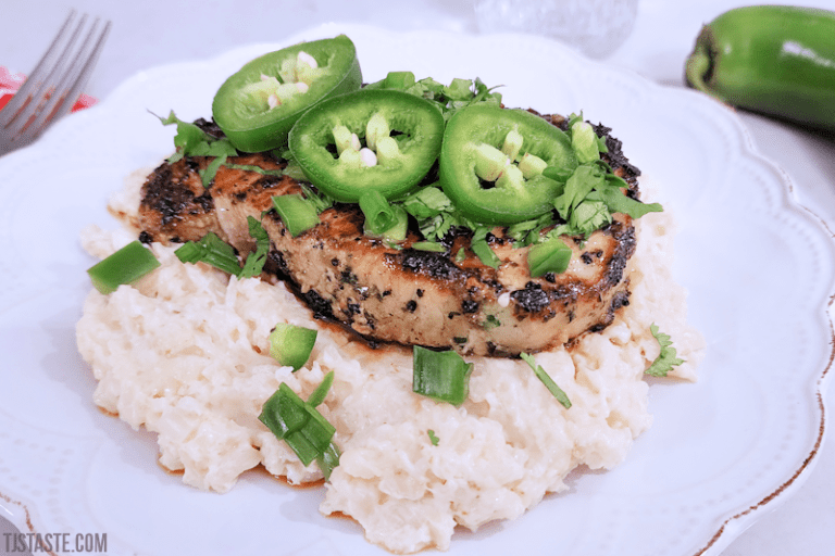 Cilantro Jalapeño Pork Chops with Cheesy Cauliflower Rice