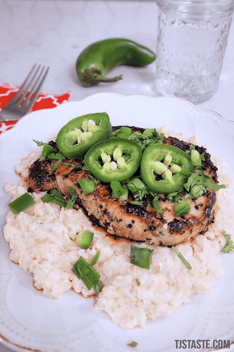 Cilantro Jalapeño Pork Chops with Cheesy Cauliflower Rice